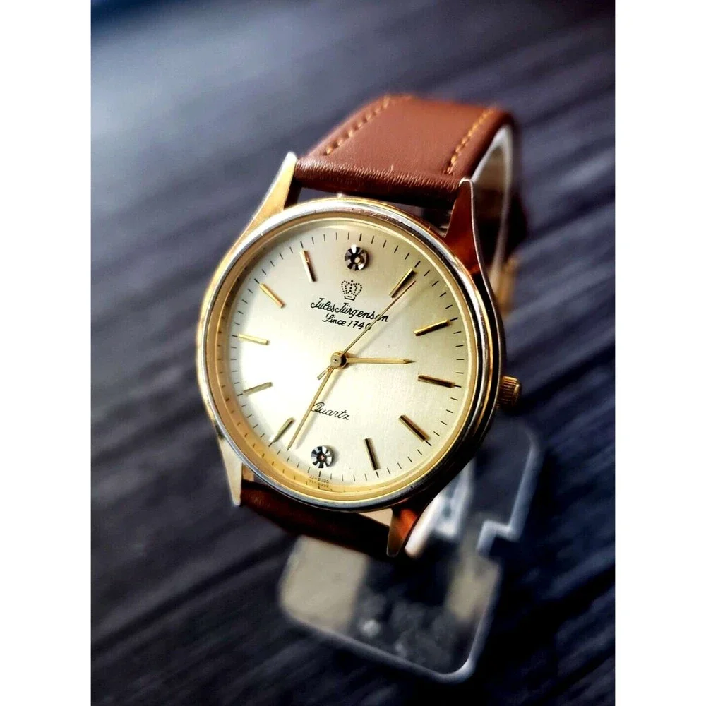 Rare Vintage‎ Jules Jurgensen Gold Men’s 377 Champaign Diamond Dial Wristwatch!